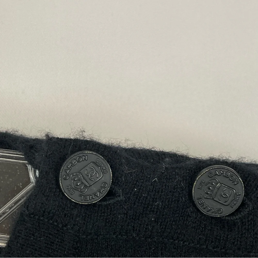 CHANEL Black Wool Sweater CC Button Pom Pom Bobble‎ Embellished Size 46 Vintage